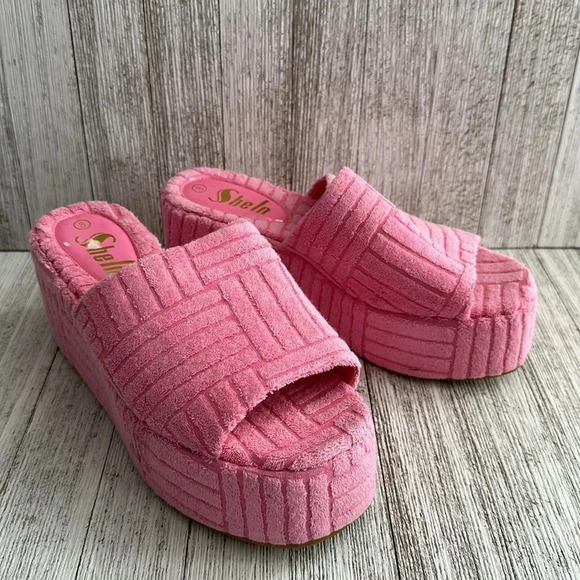 NWOT SHUZIA Curve Toe Padded Single Band Wedge Slide Sandals - Picture 4 of 9